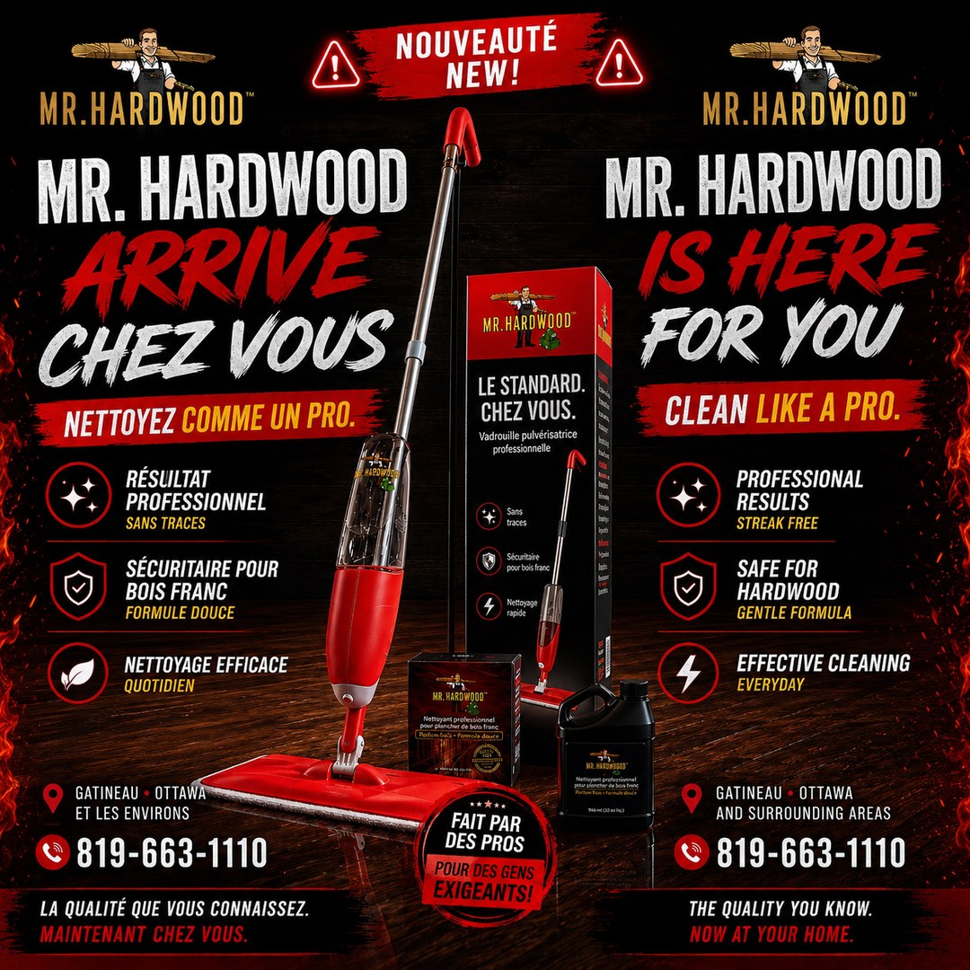 Nouvelle gamme d'entretien Mr. Hardwood : vadrouille pulvérisatrice et nettoyant professionnel pour planchers de bois franc